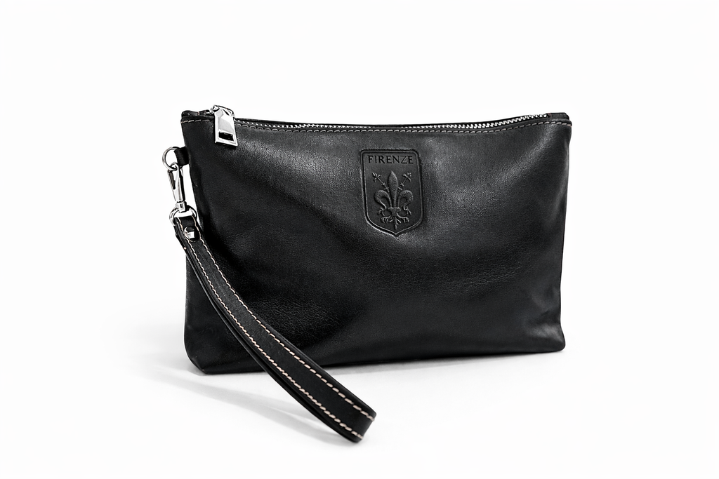 Firenze Smooth Leather Wristlet Pouch – Handcrafted in Italy (Black)