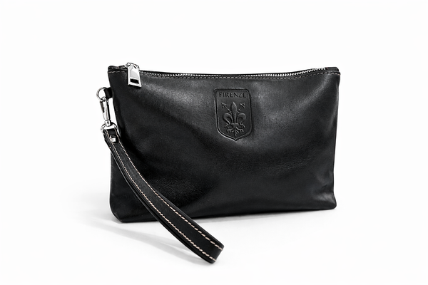 Firenze Smooth Leather Wristlet Pouch – Handcrafted in Italy (Black)