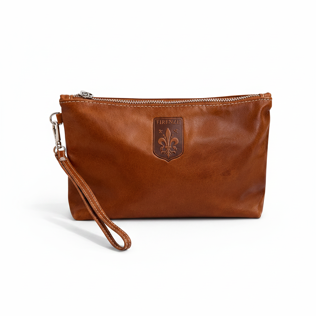 Firenze Smooth Leather Wristlet Pouch – Handcrafted in Italy (Cognac)