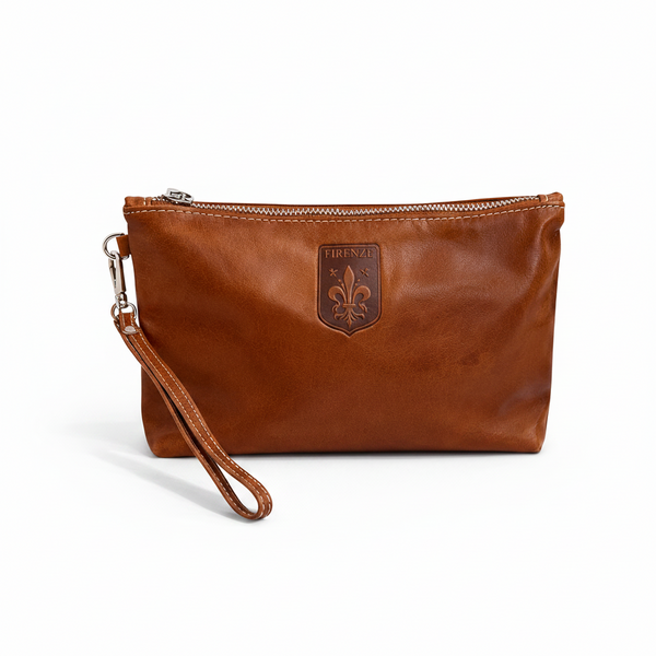 Firenze Smooth Leather Wristlet Pouch – Handcrafted in Italy (Cognac)