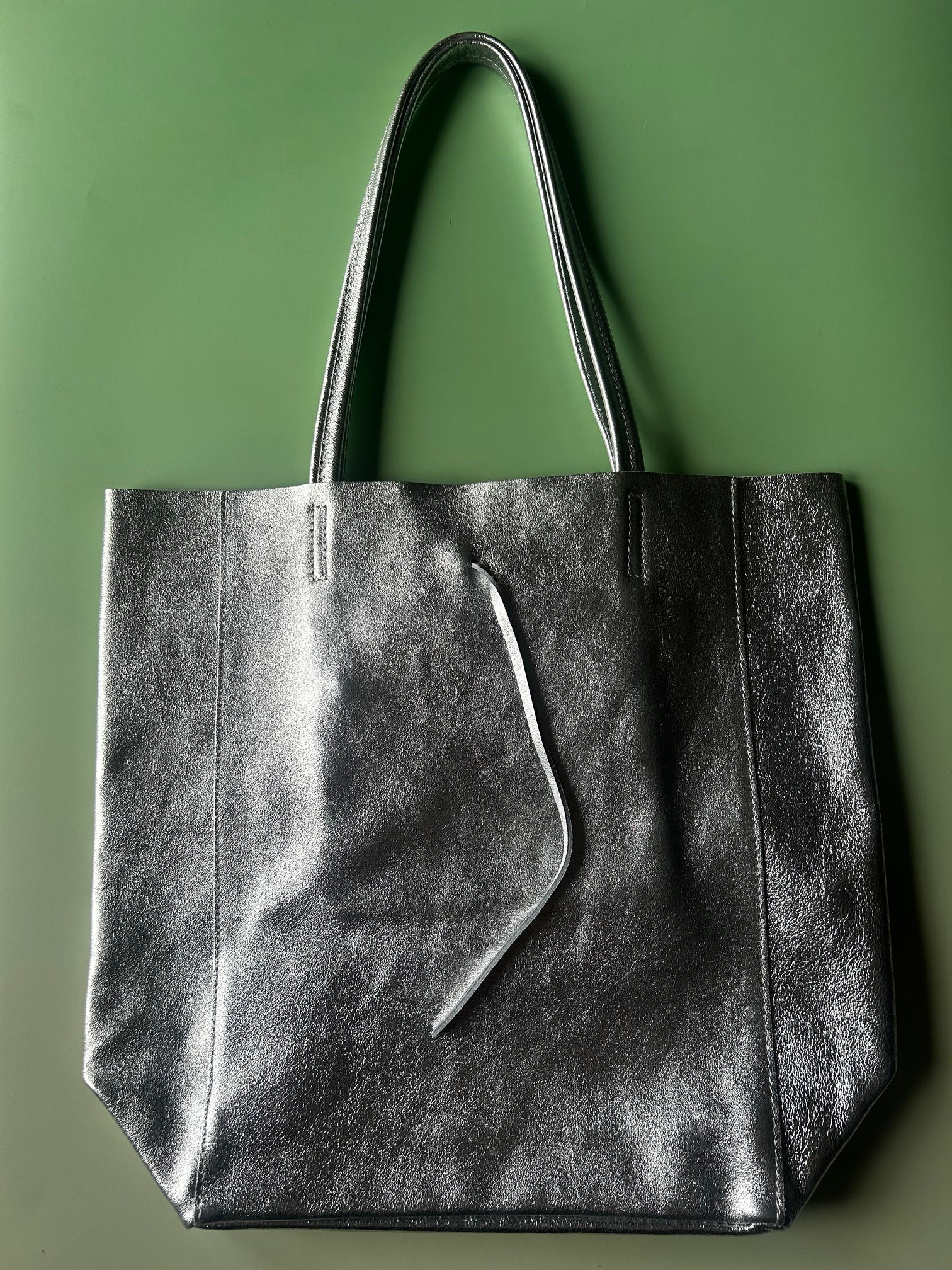 Italian Leather Tote Bag - Silver