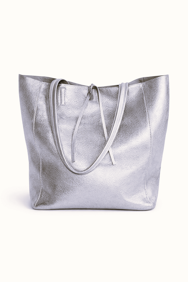 Italian Leather Tote Bag - Silver